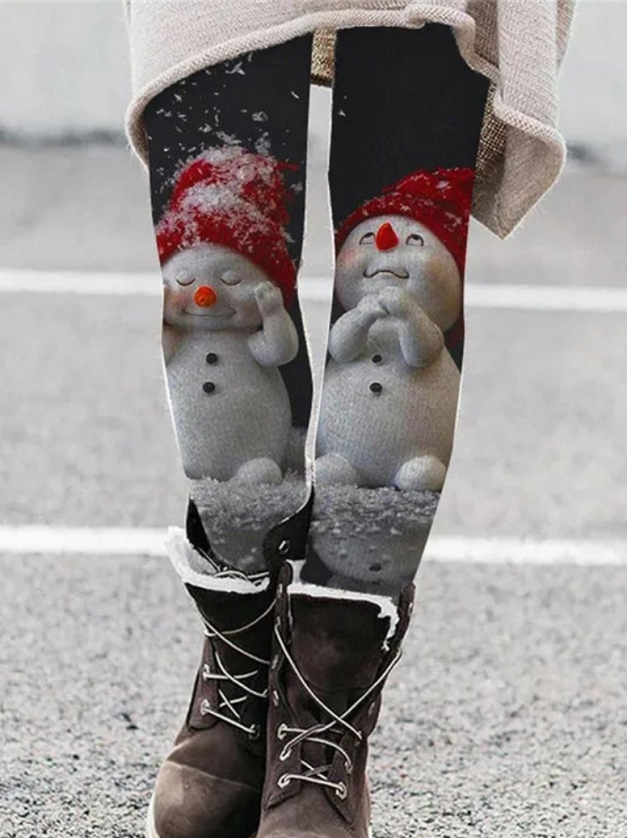 Plus&Curve zolucky | Plus Size Casual Christmas Snowman Tight Leggings Black