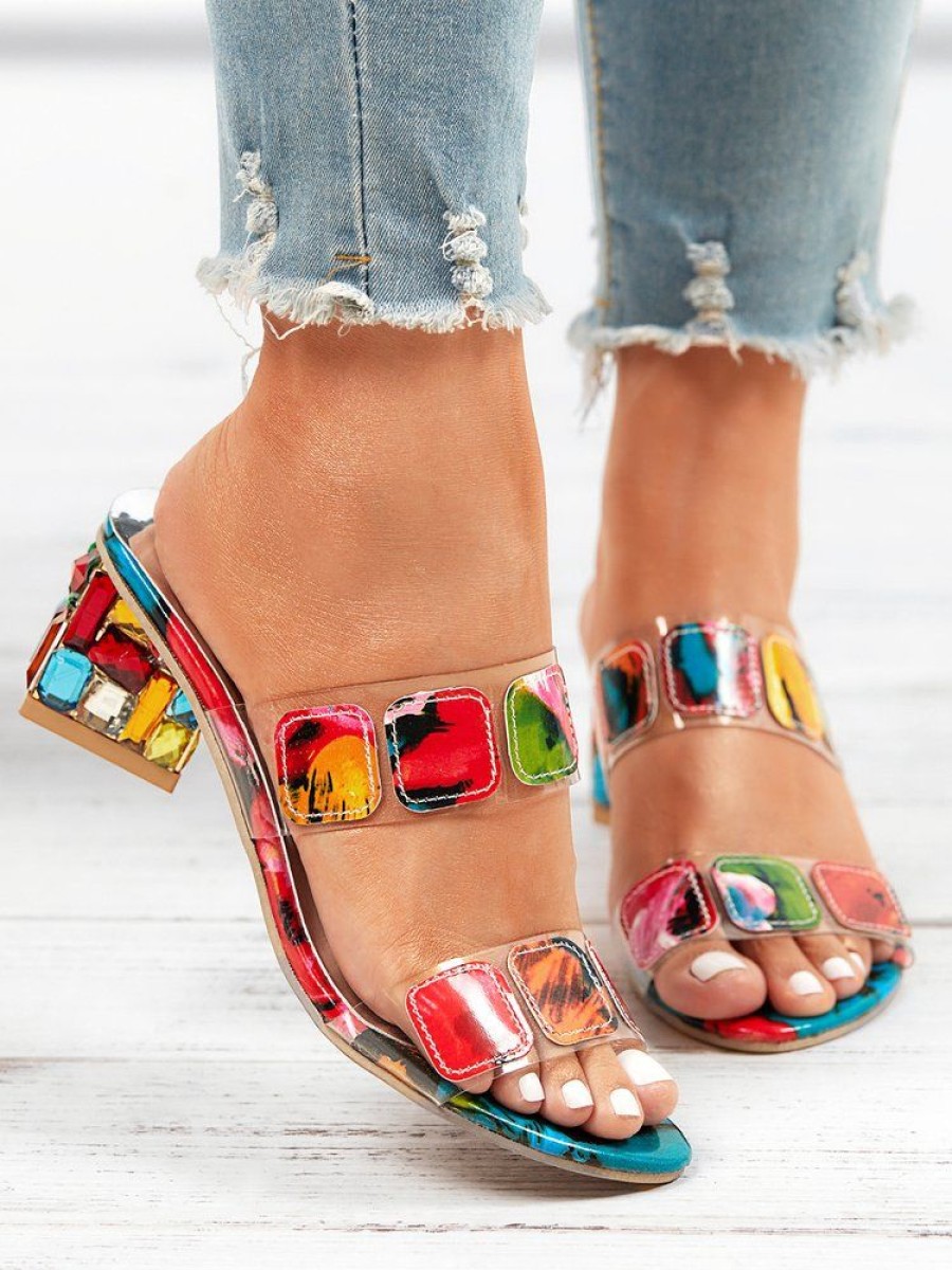 Shoes zolucky | Colorful Pvc Double Straps Rhinestone Chunky Heeled Sandals Multicolor