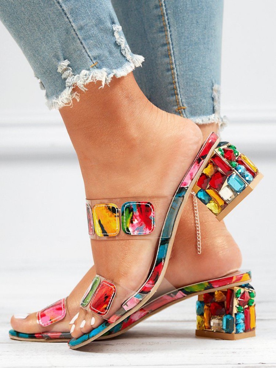 Shoes zolucky | Colorful Pvc Double Straps Rhinestone Chunky Heeled Sandals Multicolor