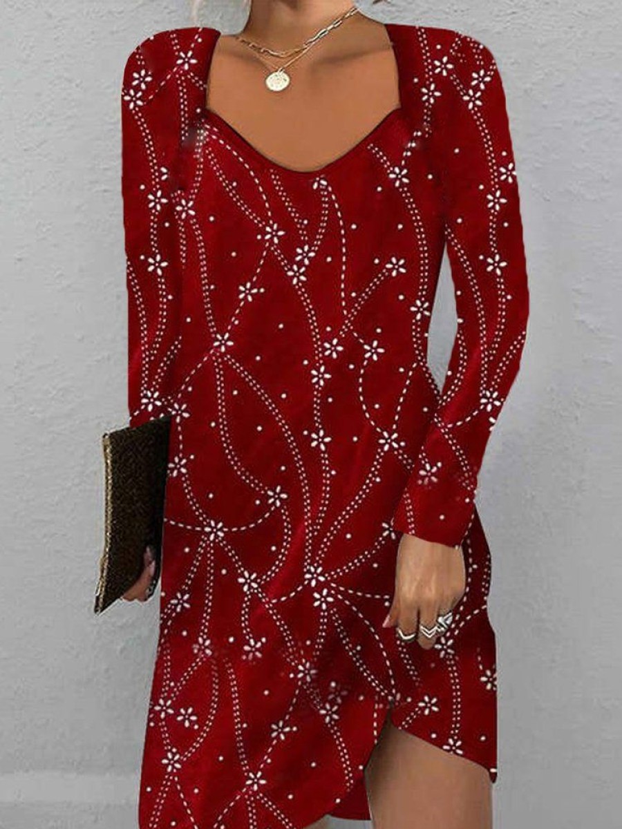 Dresses zolucky | Abstract Graphic Casual Loose Sweetheart Neckline Dress Red