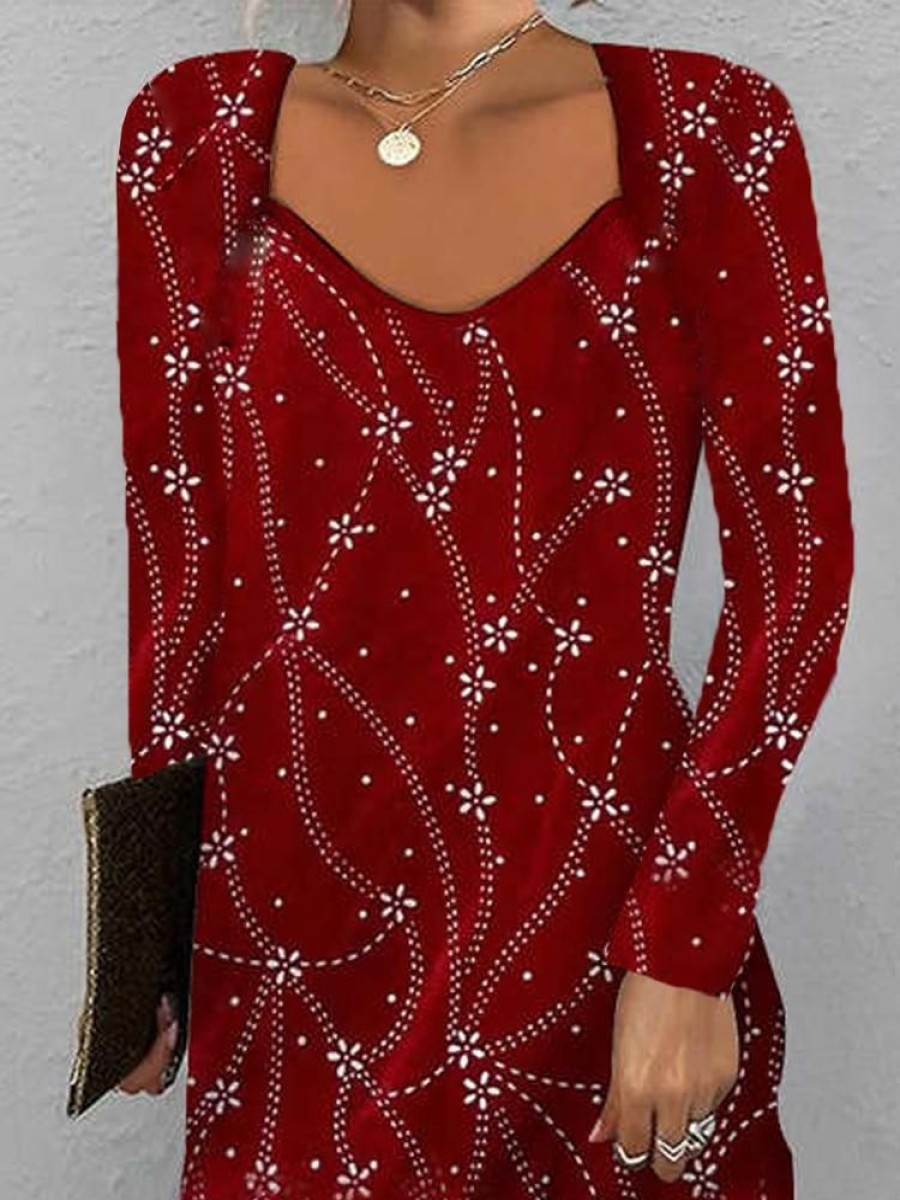 Dresses zolucky | Abstract Graphic Casual Loose Sweetheart Neckline Dress Red