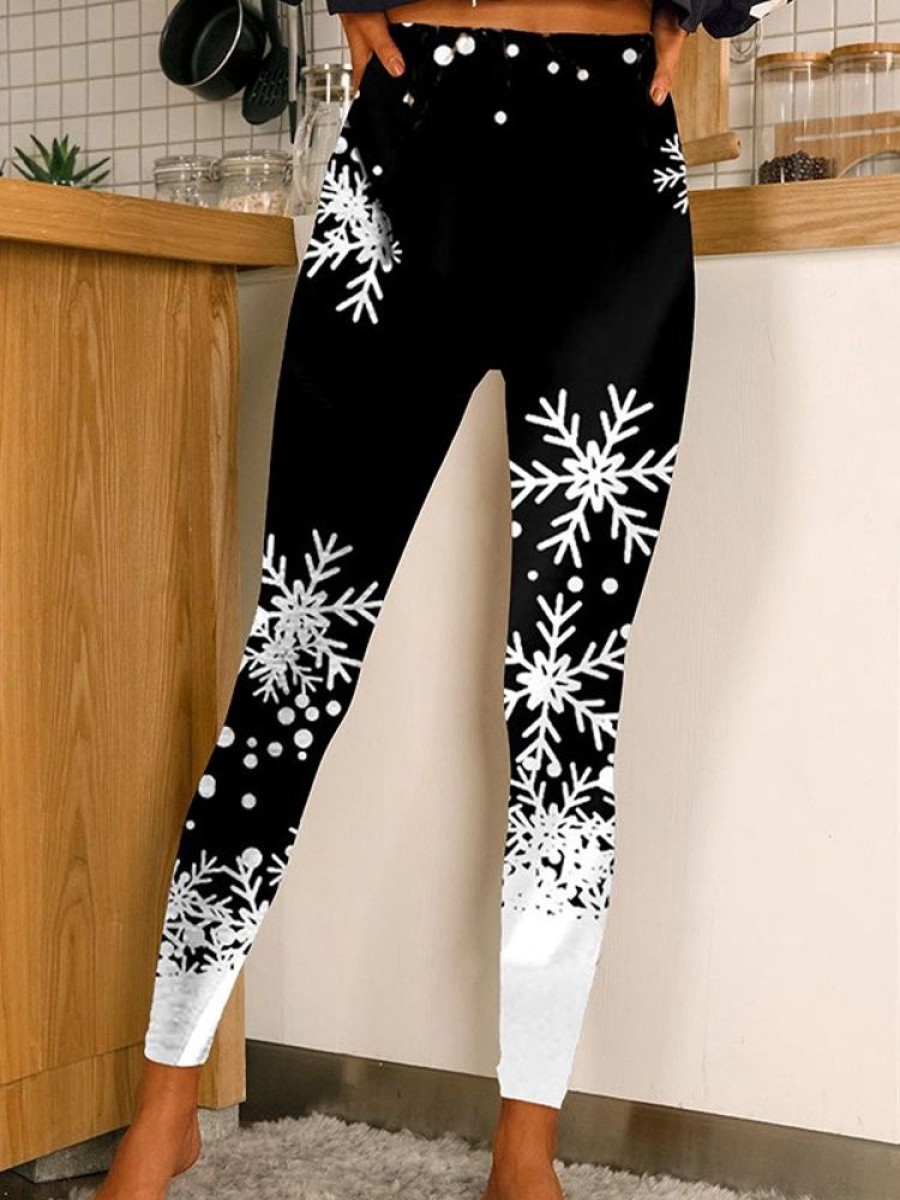 Bottoms zolucky | Christmas Snowflake Printed Casual Skinny Leggings Black