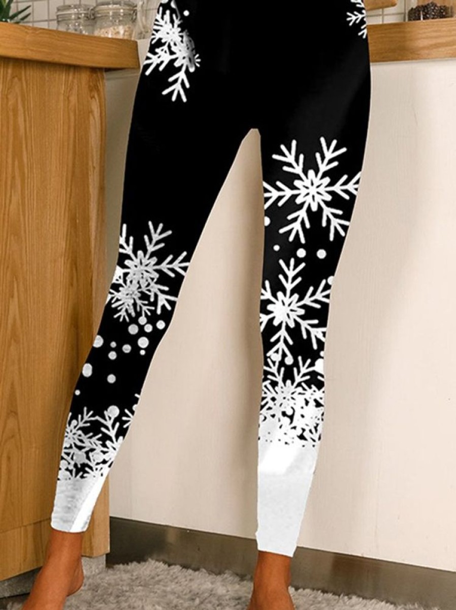 Bottoms zolucky | Christmas Snowflake Printed Casual Skinny Leggings Black