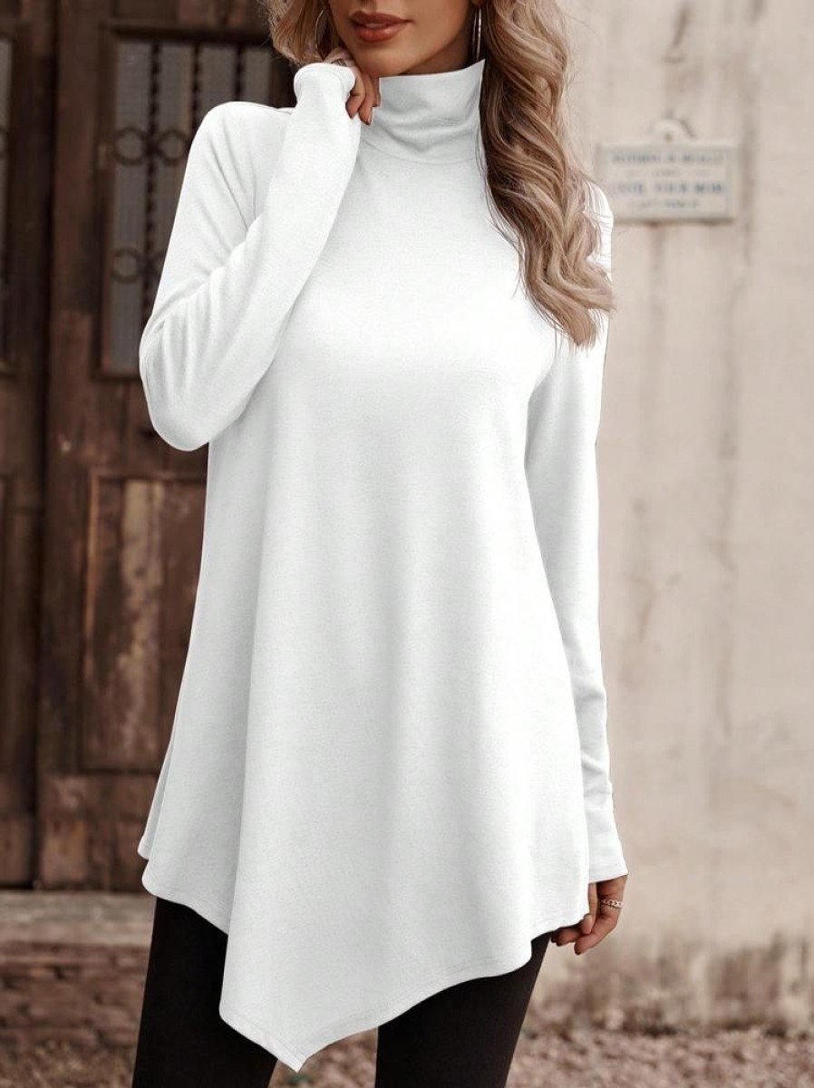 Topshot zolucky | Asymmetric Casual Plain Turtleneck A-Line Jersey Long Sleeve T-Shirt