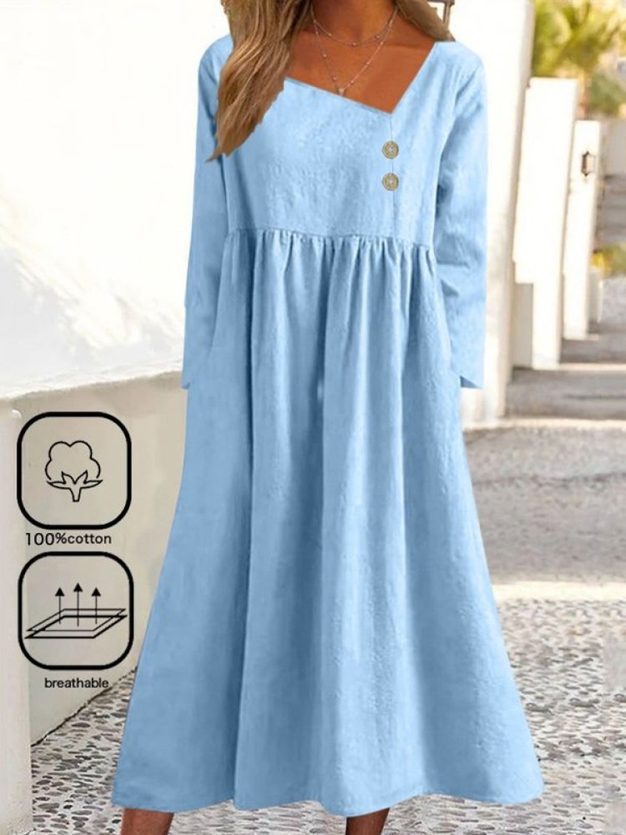 Dresses zolucky | Asymmetrical Cotton Casual Dress Sky Blue