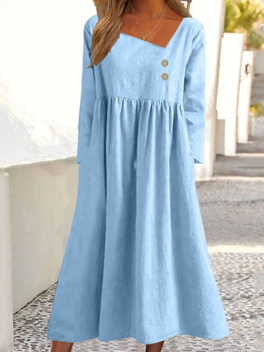 Dresses zolucky | Asymmetrical Cotton Casual Dress Sky Blue