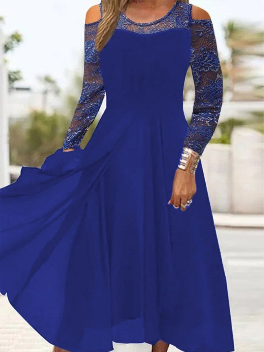 Dresses zolucky | Plain Lace Long Sleeve Cold Shoulder Party Dress Deep Blue