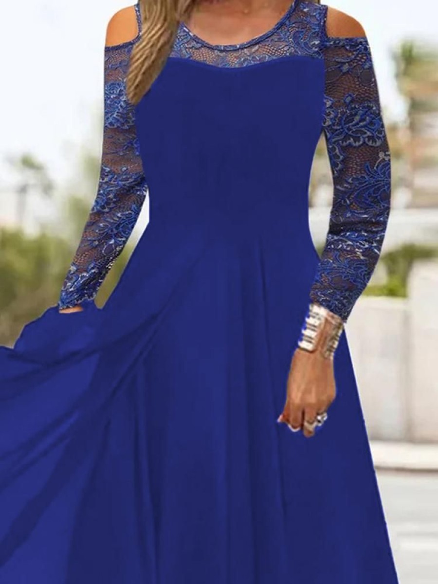 Dresses zolucky | Plain Lace Long Sleeve Cold Shoulder Party Dress Deep Blue