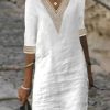 Dresses zolucky | Cotton Crochet Lace V Neckline Design Plain High Waist Half Sleeve Casual Short Dress