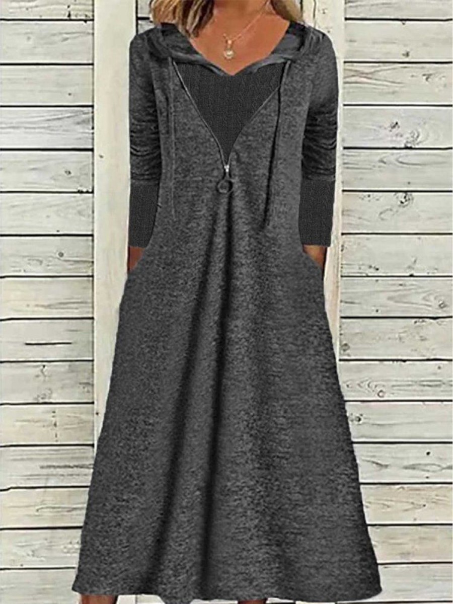 Dresses zolucky | Casual Plain Long Sleeve Loose Dress Gray