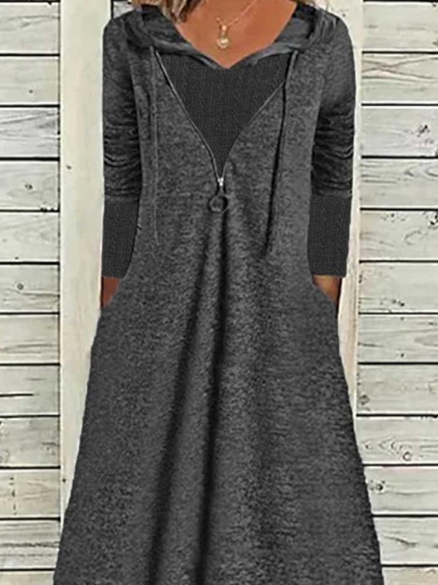 Dresses zolucky | Casual Plain Long Sleeve Loose Dress Gray