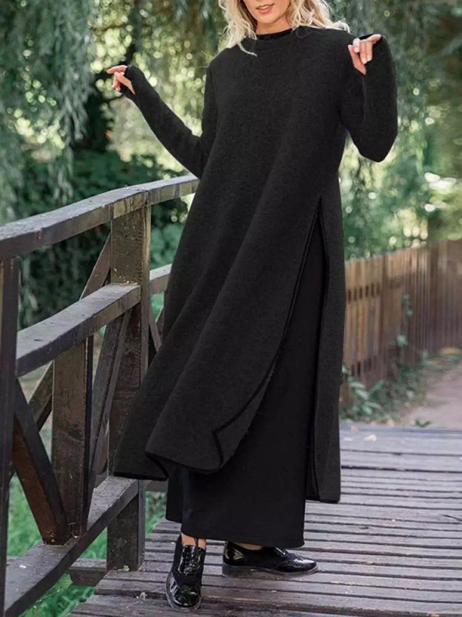 Dresses zolucky | Loose Casual Slit Maxi Sweater Dress