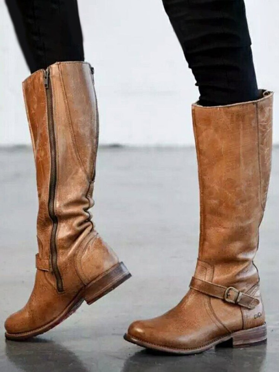 Shoes zolucky | Vintage Round Toe Buckle Tall Boots Chunky Heel Riding Boots