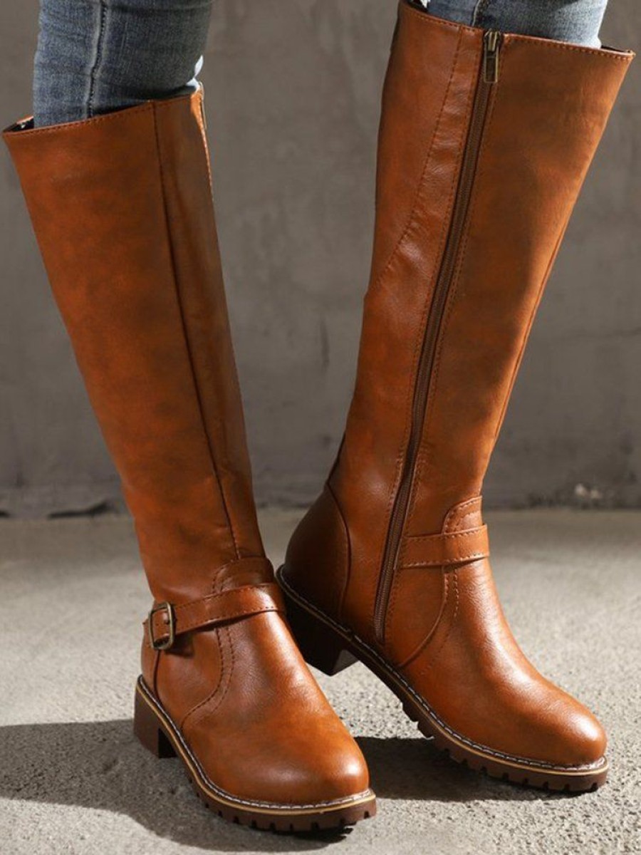 Shoes zolucky | Vintage Round Toe Buckle Tall Boots Chunky Heel Riding Boots