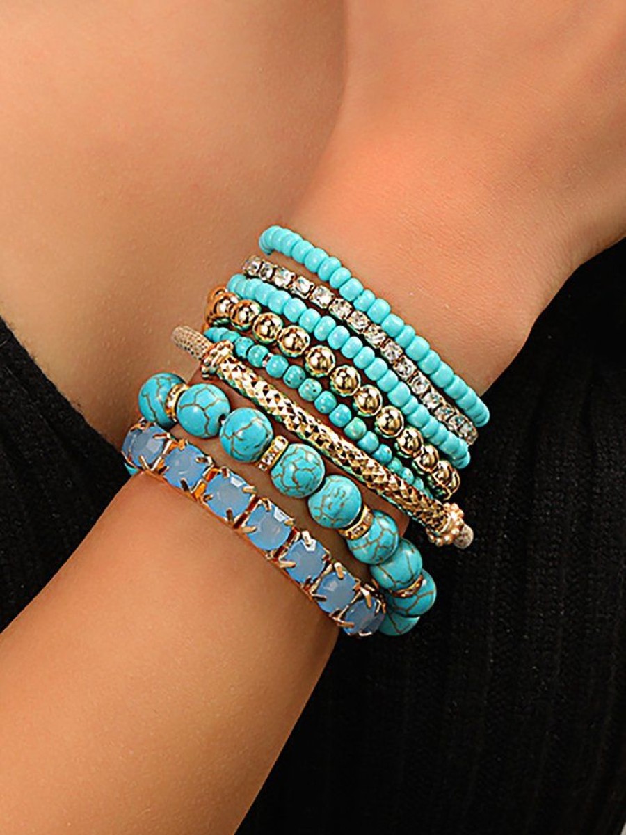 Accessories zolucky | Ethnic Turquoise Crystal Beaded Layered Bracelet Boho Jewelry Cyan