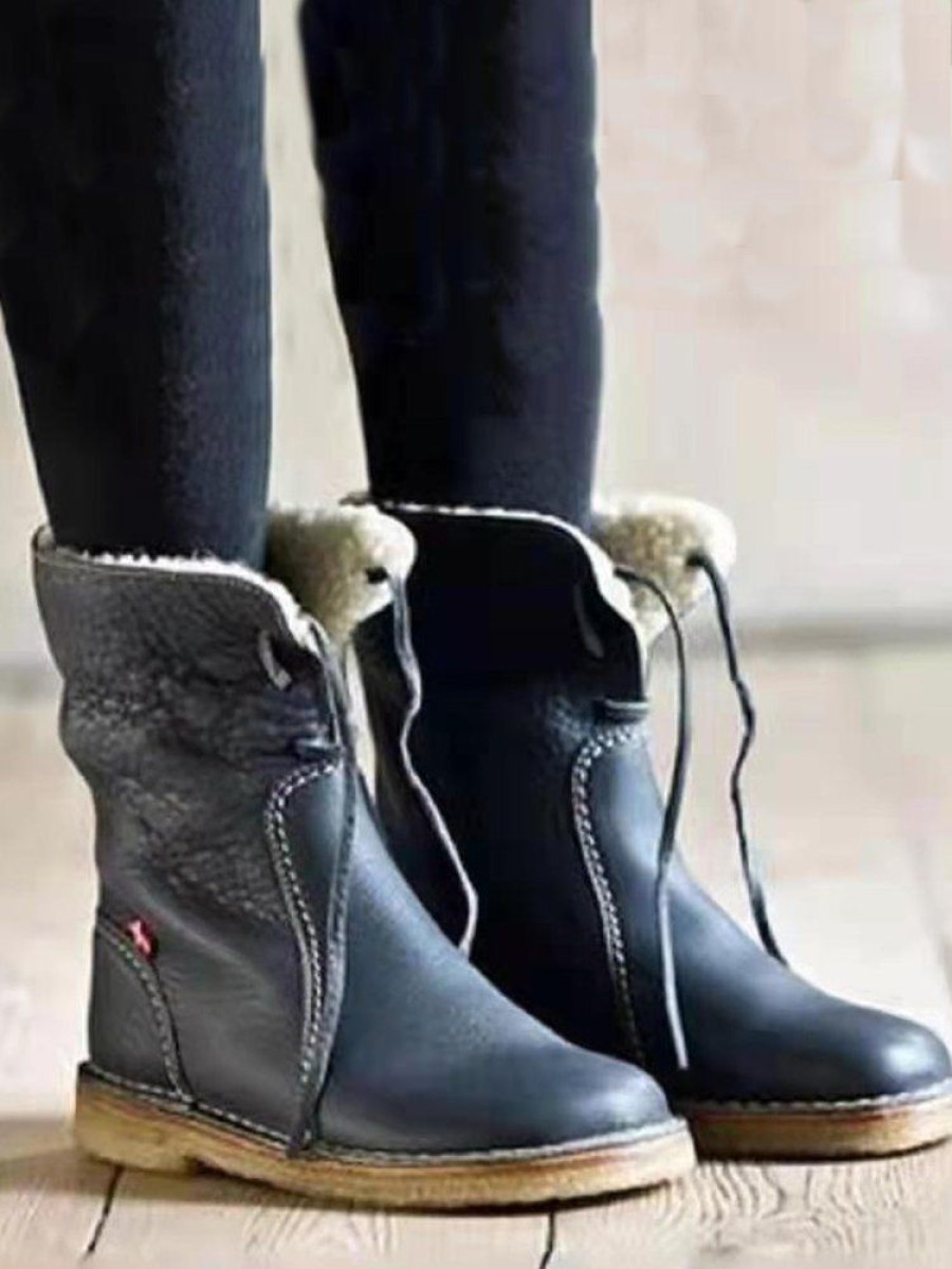 Shoes zolucky | Plain Leather Autumn West Style Flat Heel Round Toe Western Snow Boots