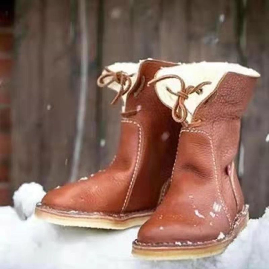 Shoes zolucky | Plain Leather Autumn West Style Flat Heel Round Toe Western Snow Boots