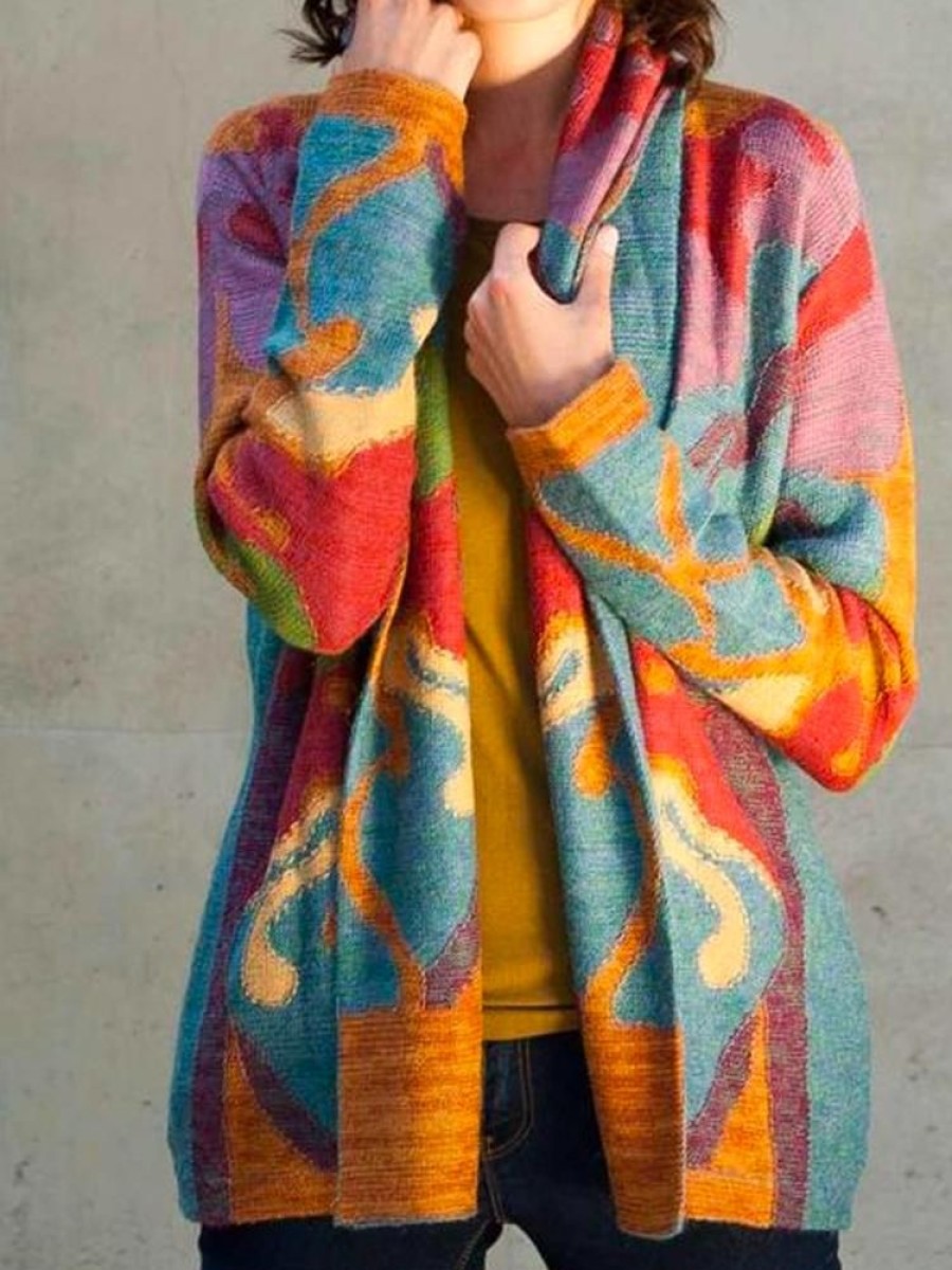 Outerwearshot zolucky | Abstract Print Casual Loose Knitted Jersey H-Line Cardigan Multicolor