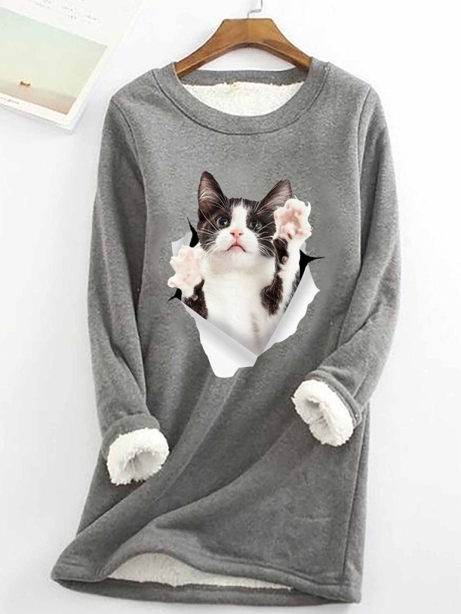 Topshot zolucky | Women Funny Cat 3D Print Crew Neck Loose Simple Warmth Fleece Sweatshirt