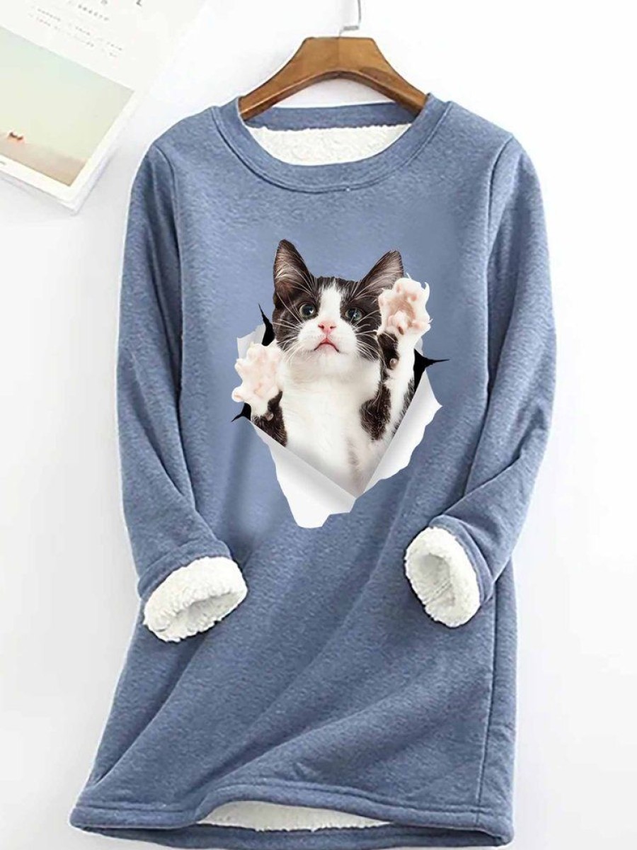 Topshot zolucky | Women Funny Cat 3D Print Crew Neck Loose Simple Warmth Fleece Sweatshirt