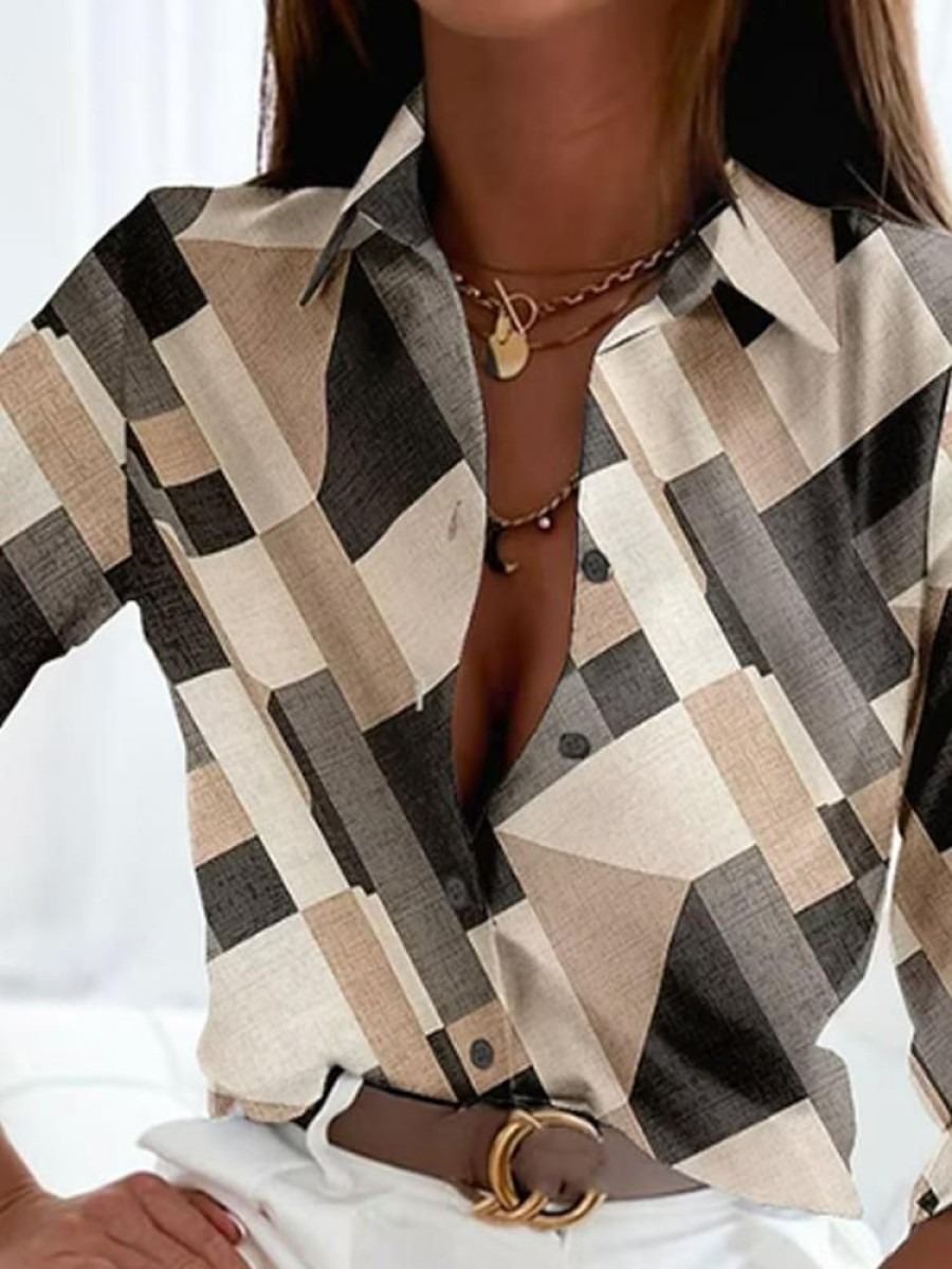 Topshot zolucky | Casual Shirt Collar Geometric Printed Blouse Khaki