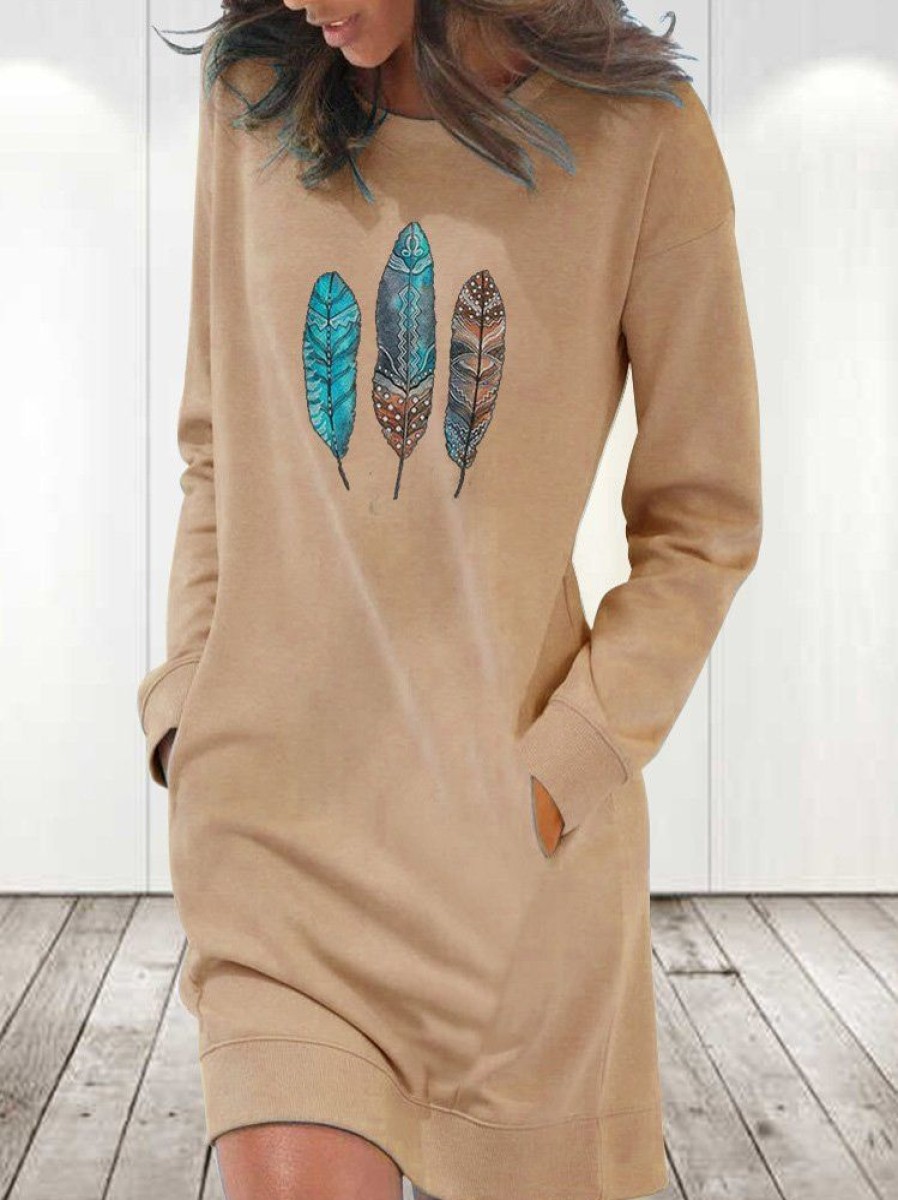 Dresses zolucky | Loose Feather Pattern Casual Crew Neck Dress