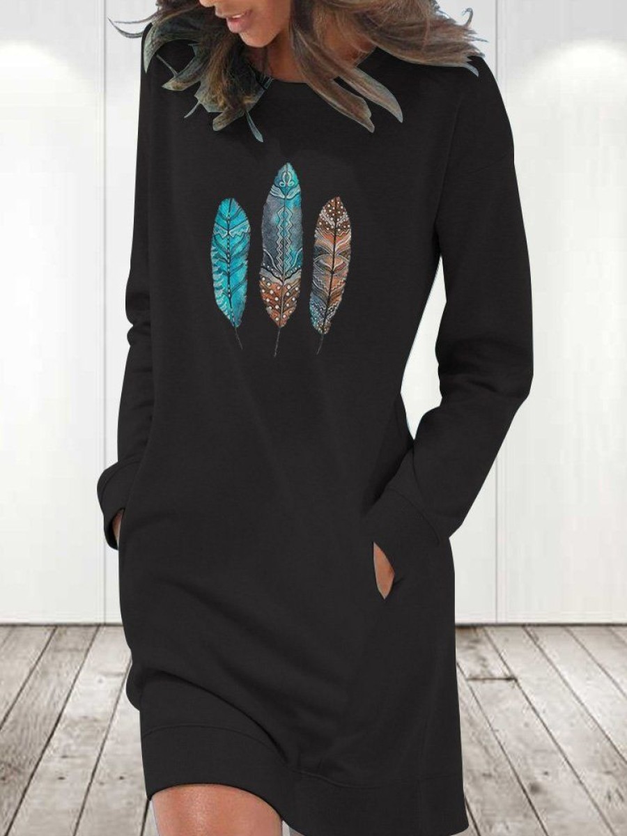 Dresses zolucky | Loose Feather Pattern Casual Crew Neck Dress