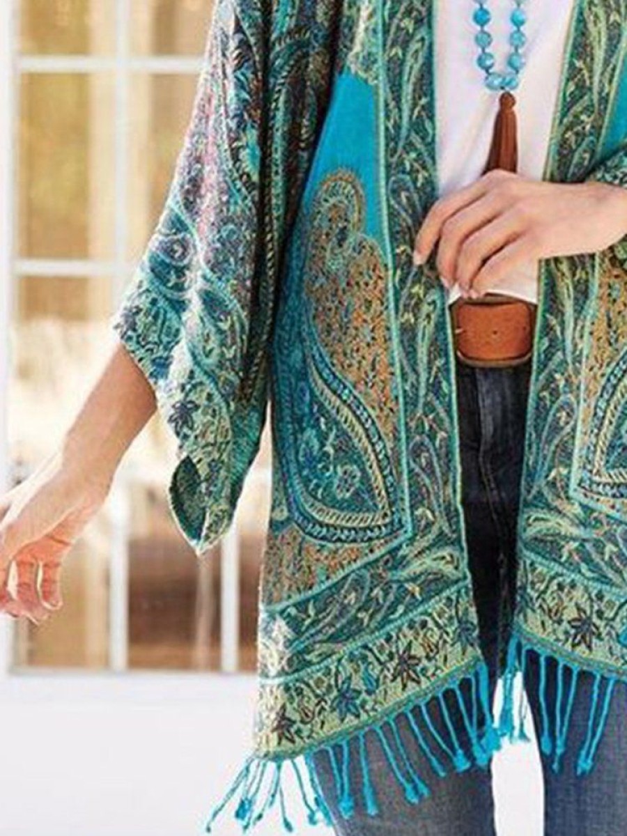 Outerwearshot zolucky | Casual Fringed Tribal Jacket Green