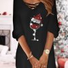 Dresses zolucky | Christmas Printed Casual Loose V Neck Long Sleeve Dress Xmas Dress Black