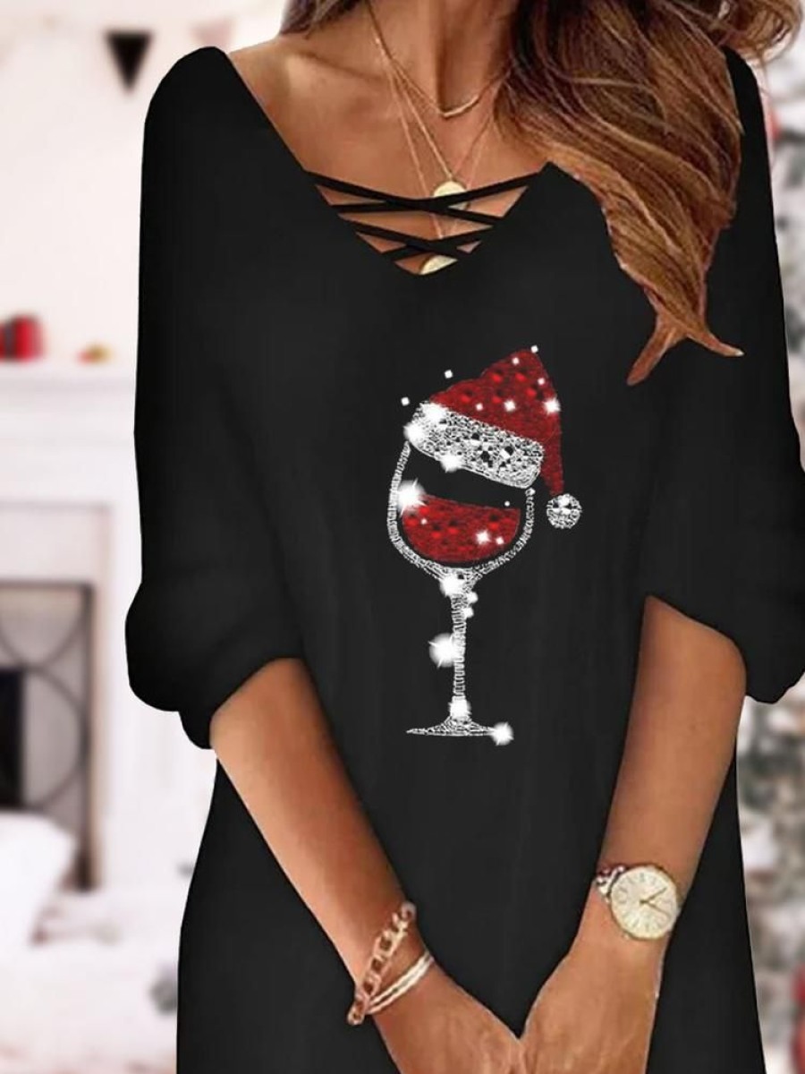 Dresses zolucky | Christmas Printed Casual Loose V Neck Long Sleeve Dress Xmas Dress Black