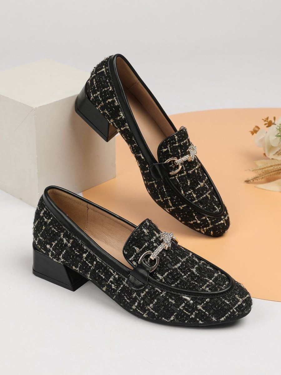 Shoes zolucky | Elegant Rhinestone Tweed Plaid Loafers Black