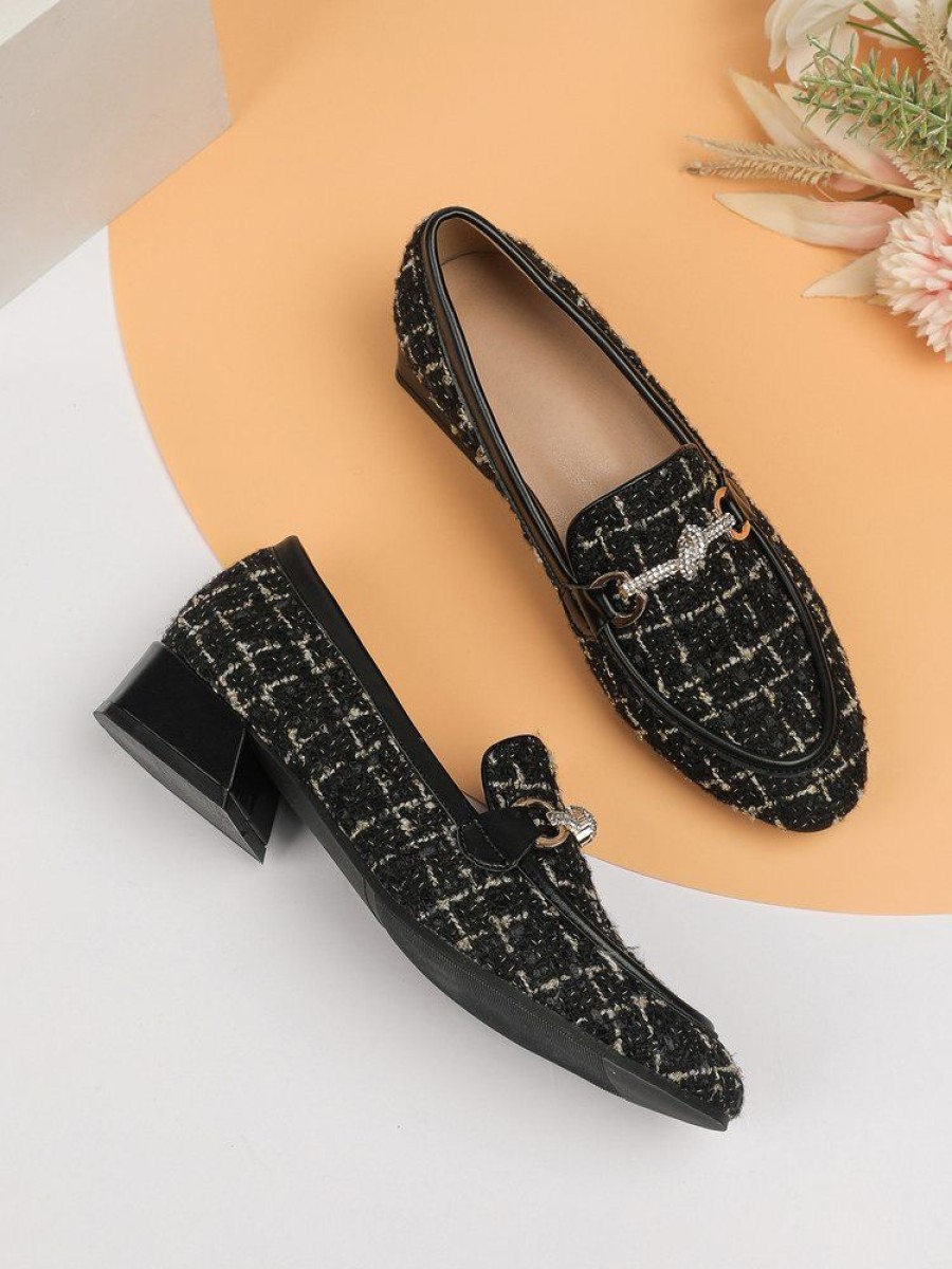 Shoes zolucky | Elegant Rhinestone Tweed Plaid Loafers Black