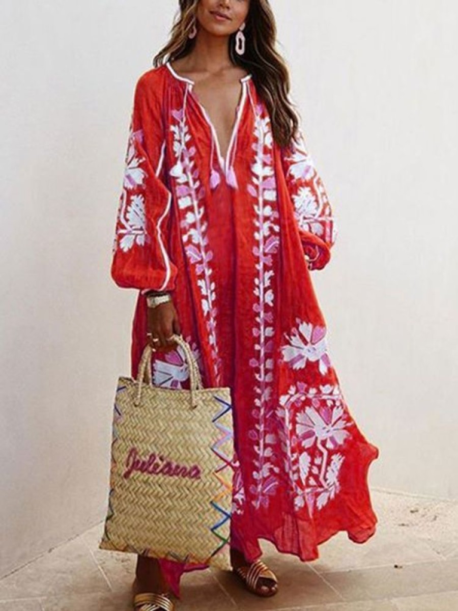 Dresses zolucky | Zolucky Women Printed Boho Casual Dress V Neck Holiday Maxi Dress