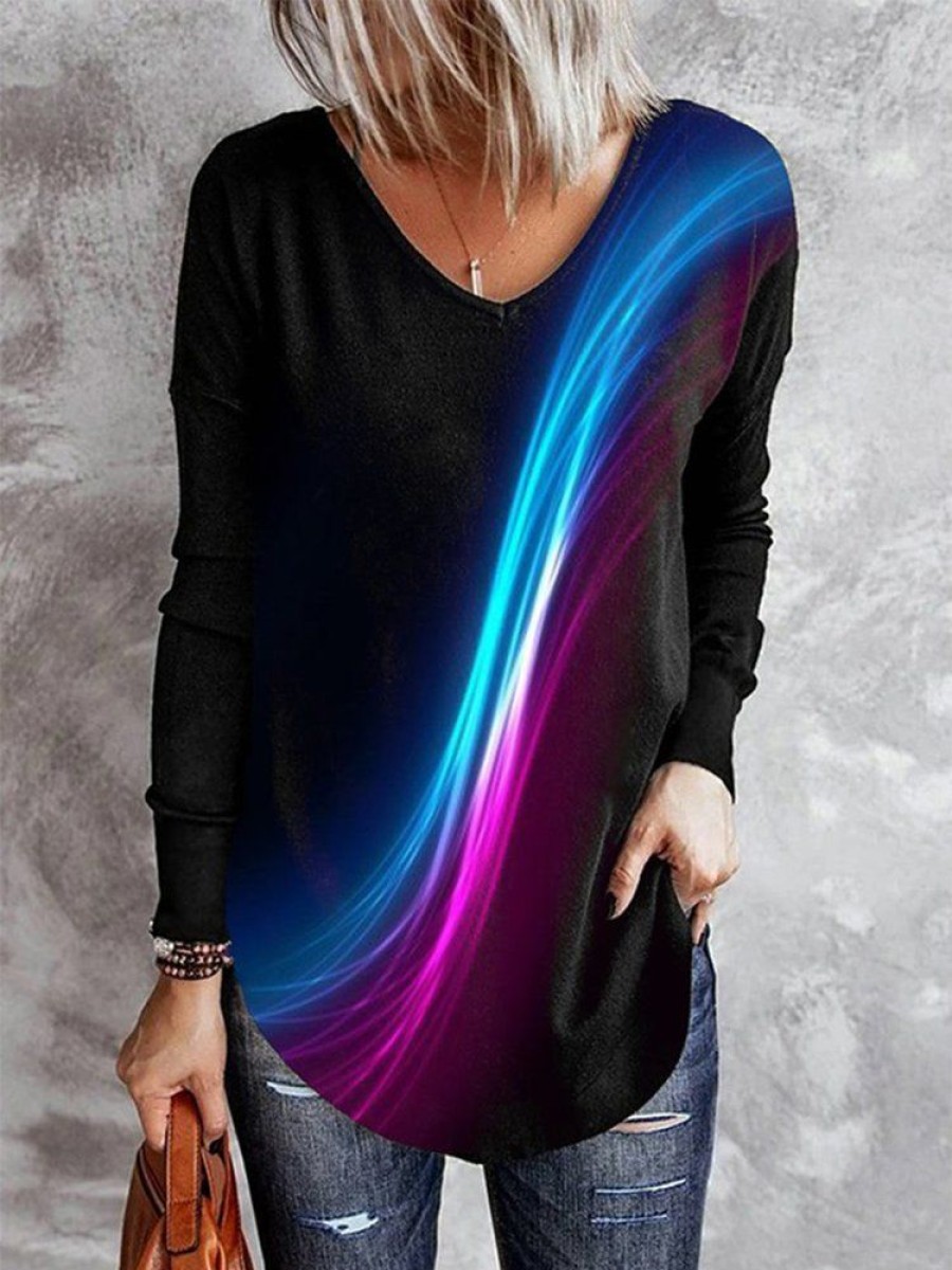 Plus&Curve zolucky | Plus Size Abstract Printed Casual V Neck Long Sleeve T-Shirt Black