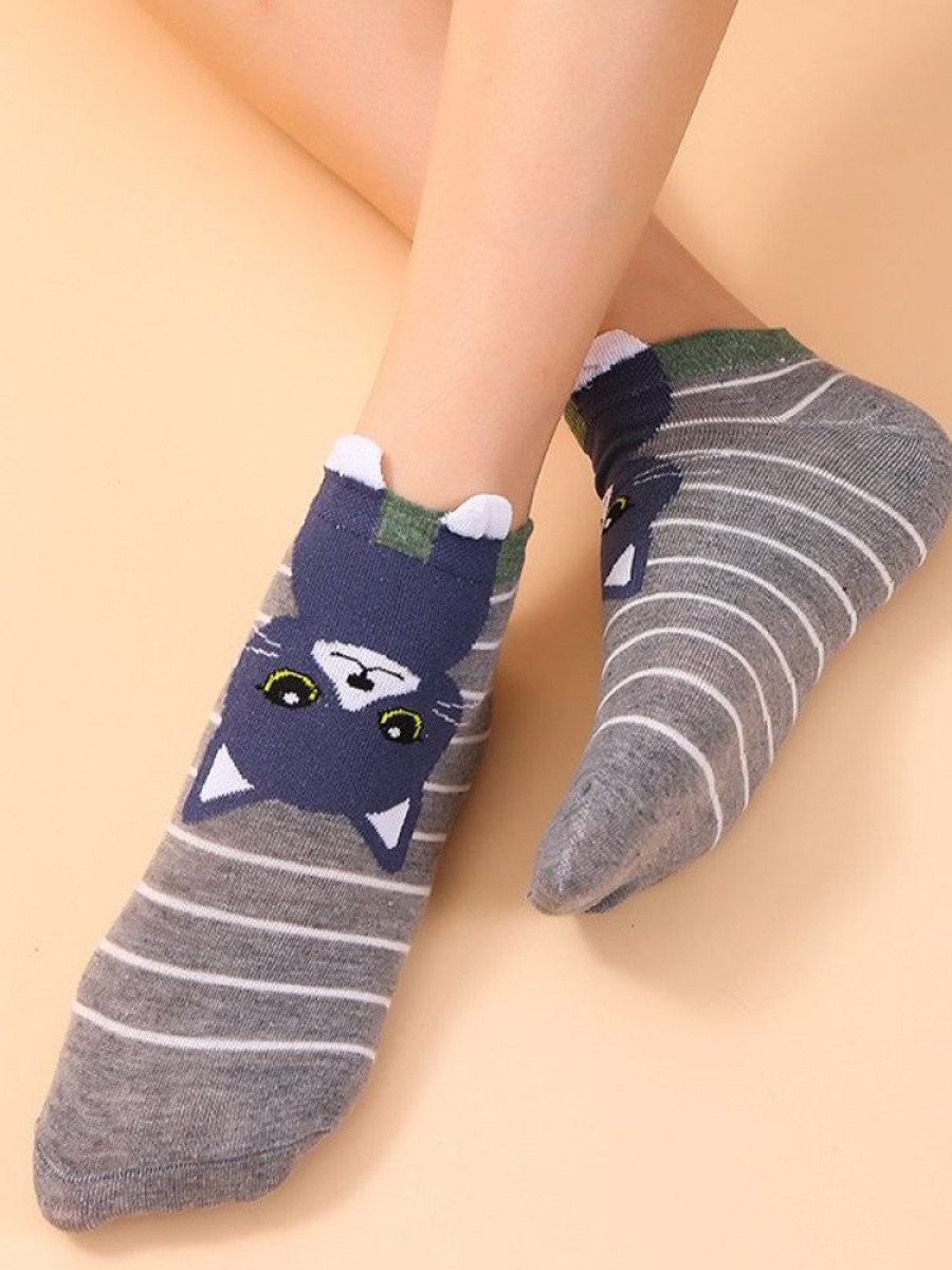 Accessories zolucky | Daily Casual Cat Pattern Striped Cotton Socks Fun Cartoon Accessories