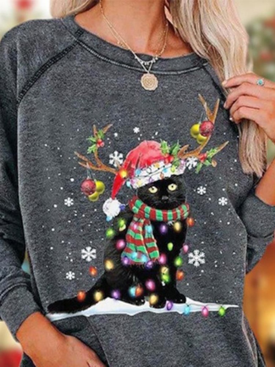 Topshot zolucky | Christmas Cat Snowflake Long Sleeve Crew Neck Casual Tunic Sweatshirt Xmas Hoodies Black-Grey