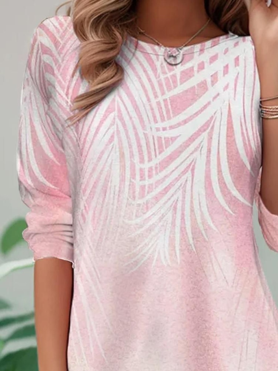 Plus&Curve zolucky | Plus Size Casual Leaf Loose Crew Neck T-Shirt Pink