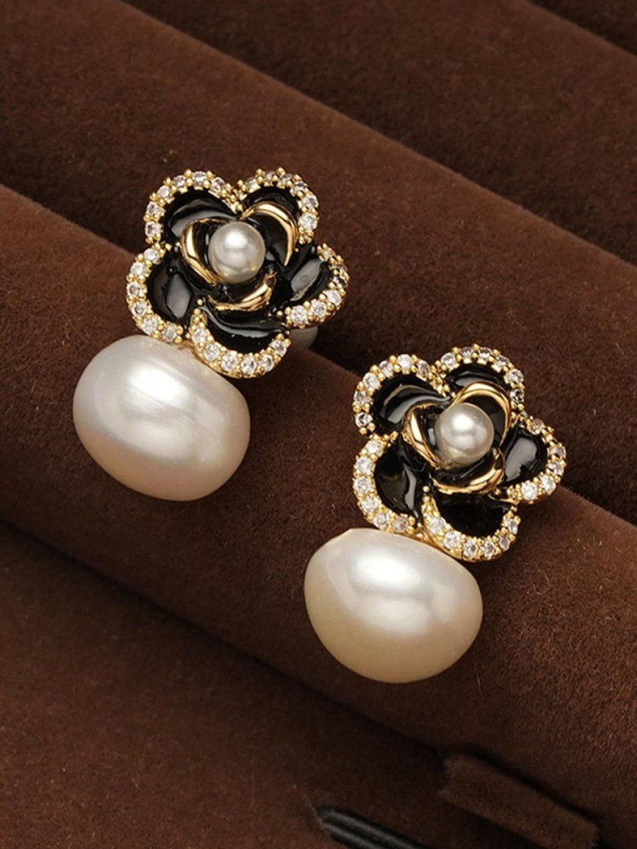 Accessories zolucky | Elegant Camellia Natural Pearl Rhinestone Stud Earrings