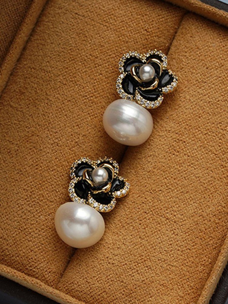 Accessories zolucky | Elegant Camellia Natural Pearl Rhinestone Stud Earrings