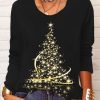 Plus&Curve zolucky | Plus Size Casual Christmas Trees Print Long Sleeve Crew Neck Printed Top T-Shirt Xmas T-Shirt Black