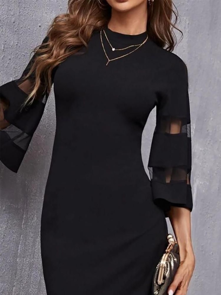 Dresses zolucky | Plus Size Crew Neck Plain Elegant Weaving Dress Black