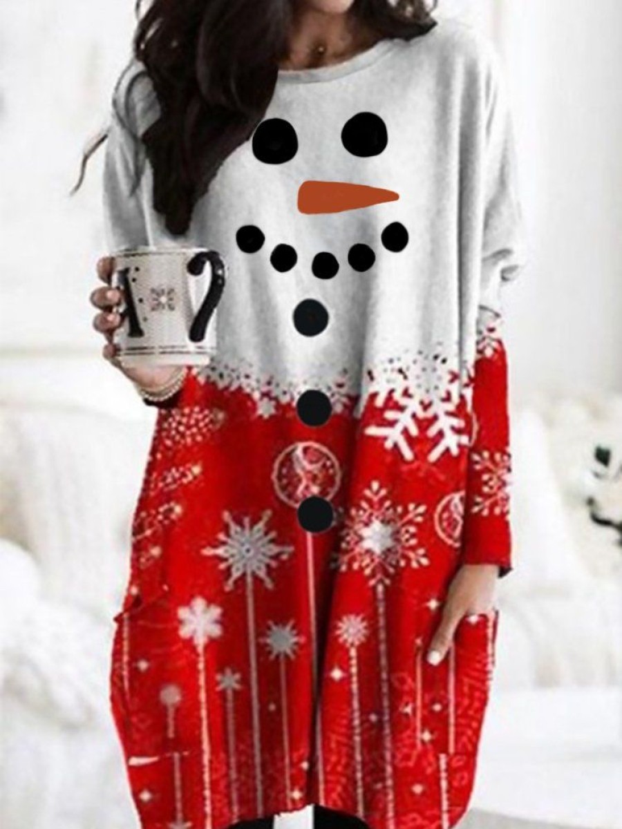 Topshot zolucky | Christmas Snowman Snowflake Long Sleeve Crew Neck Pockets Casual T-Shirt Xmas T-Shirt White-Red