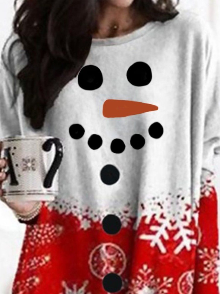 Topshot zolucky | Christmas Snowman Snowflake Long Sleeve Crew Neck Pockets Casual T-Shirt Xmas T-Shirt White-Red