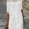 Dresses zolucky | Lace Casual Plain Three Quarter Crew Neck Dress White