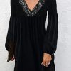 Dresses zolucky | Party Lantern Sleeve Velvet Loose V Neck Dress Black