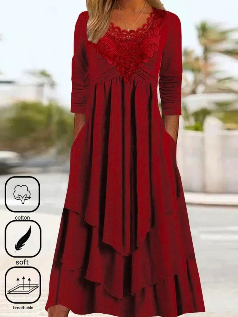 Dresses zolucky | Plain Cotton Casual Lace Dress Red