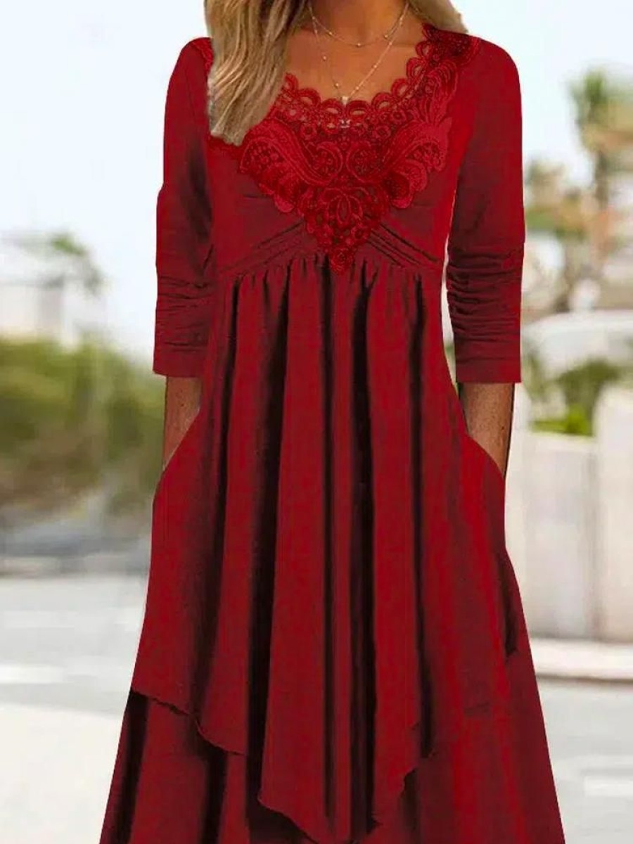 Dresses zolucky | Plain Cotton Casual Lace Dress Red