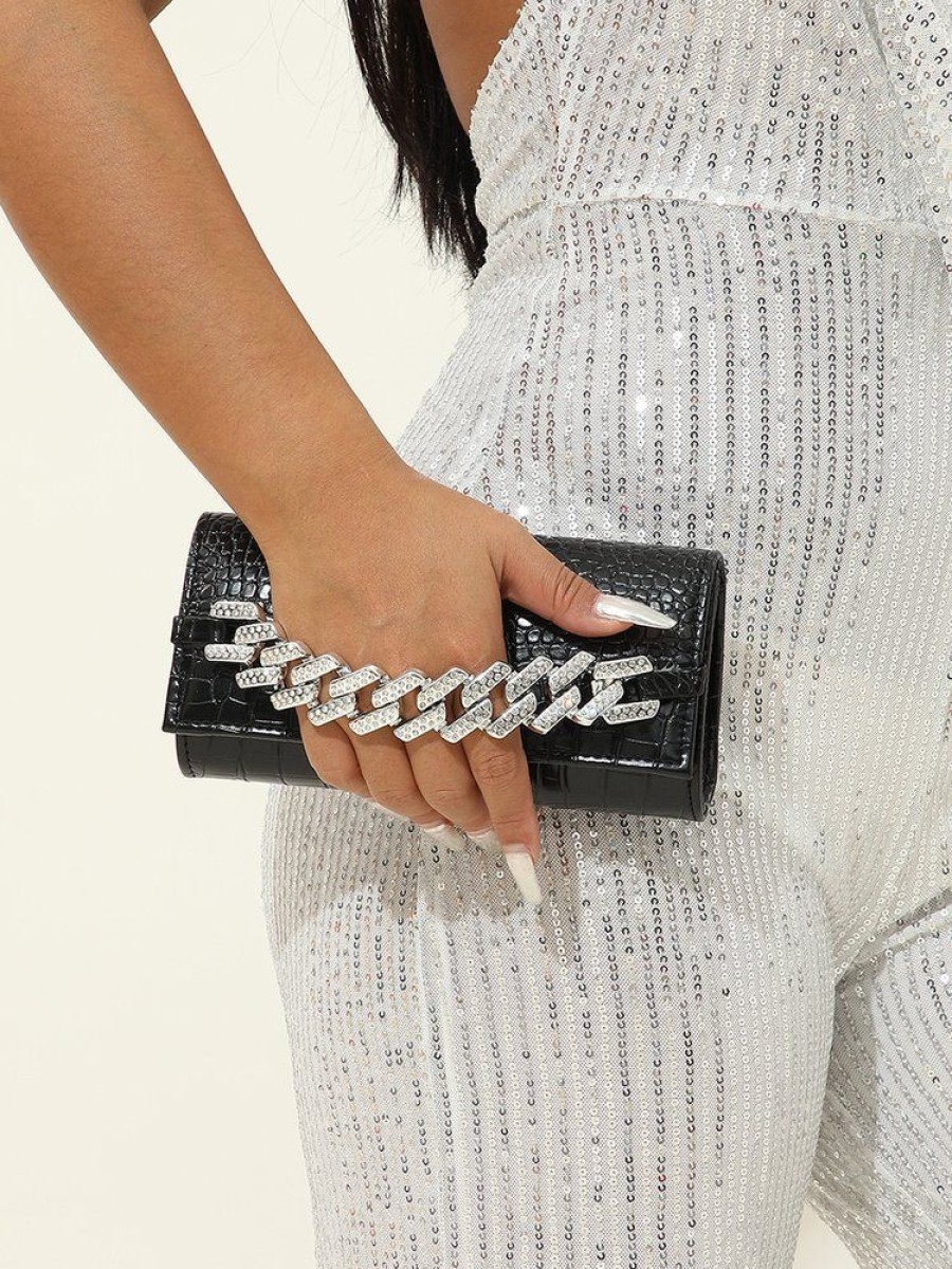 Accessories zolucky | Rhinestone Chain Crocodile Embossed Party Clutch Bag With Crossbody Chain Strap