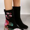 Shoes zolucky | Ethnic Floral Embroidery Fashion Block Heel Boots Black