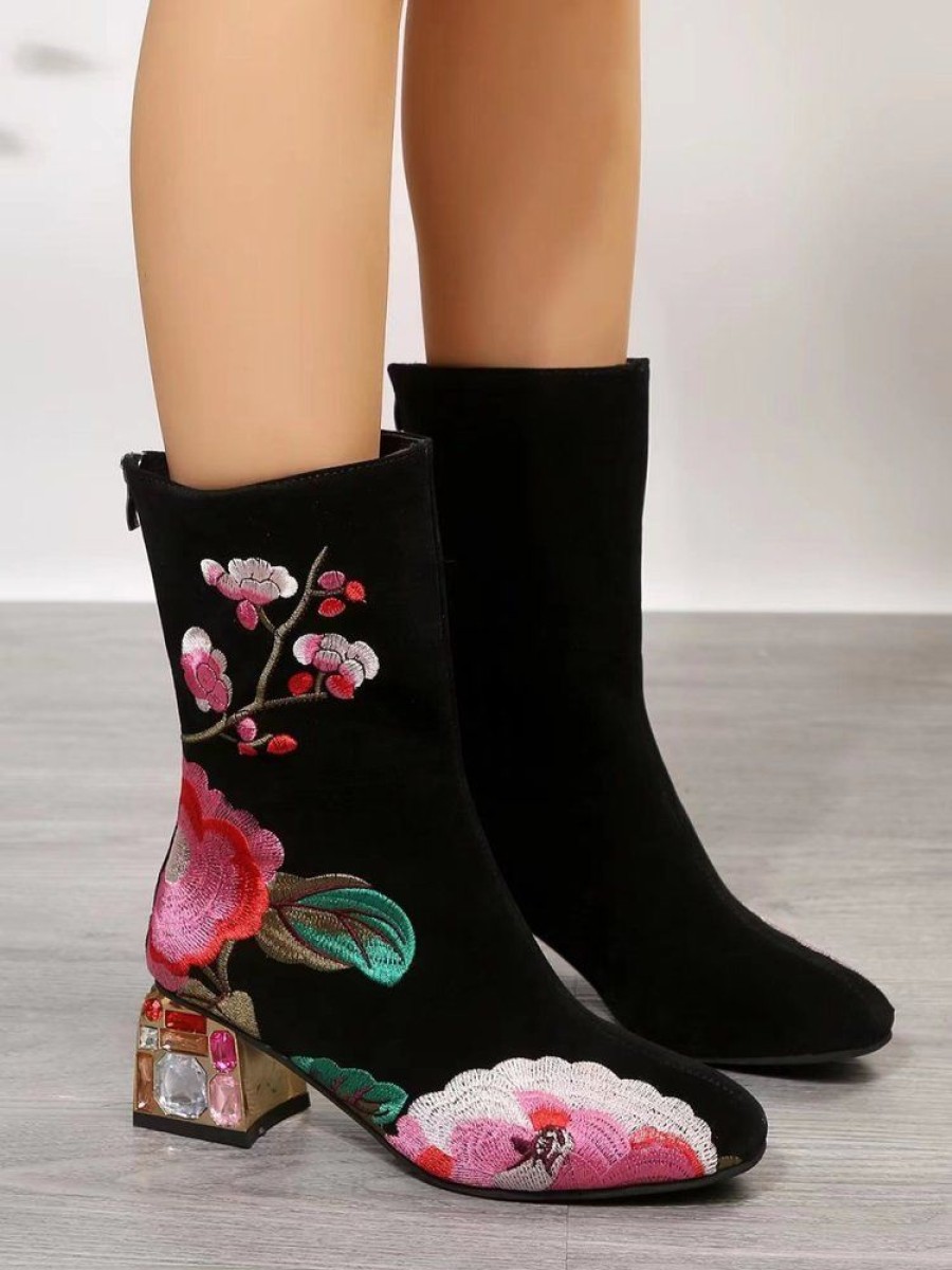 Shoes zolucky | Ethnic Floral Embroidery Fashion Block Heel Boots Black